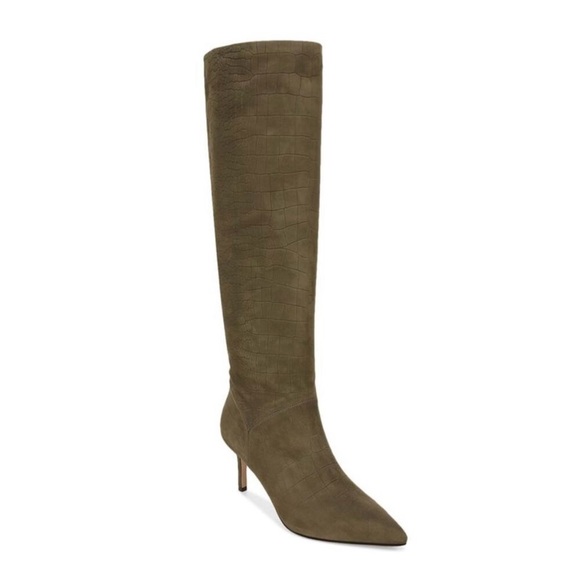 Veronica Beard Lexington Olive Crocodile-Embossed Suede Knee-High Boots sz 7.5 - Picture 1 of 9